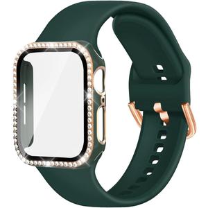 Compatible with Apple Watch Band and Case 38mm 40mm 41mm 42mm 44mm 45mm Women, Soft Silicone Bands and Bling Diamond Case & Glass Screen Protector for iWatch Series 9 8 7 6 5 4 3 2 1 and SE