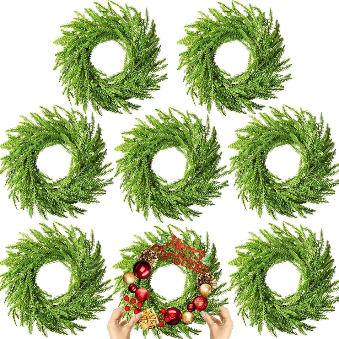 8 Pcs Christmas DIY Green Wreath 10 Inch Artificial DIY Faux Plain Wreaths Front Door Green Farmhouse Cabinets Indoor Outdoor Wall Decor(Norfolk Pine)
