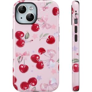 QLTYPRI Case for iPhone 15, Aesthetic Cute Pink Cherry Bow Phone Case for Girls Women, Protective Hybrid 2-Layer Hard Shell Silicone Cover Durable Shockproof Phone Cover - Pink