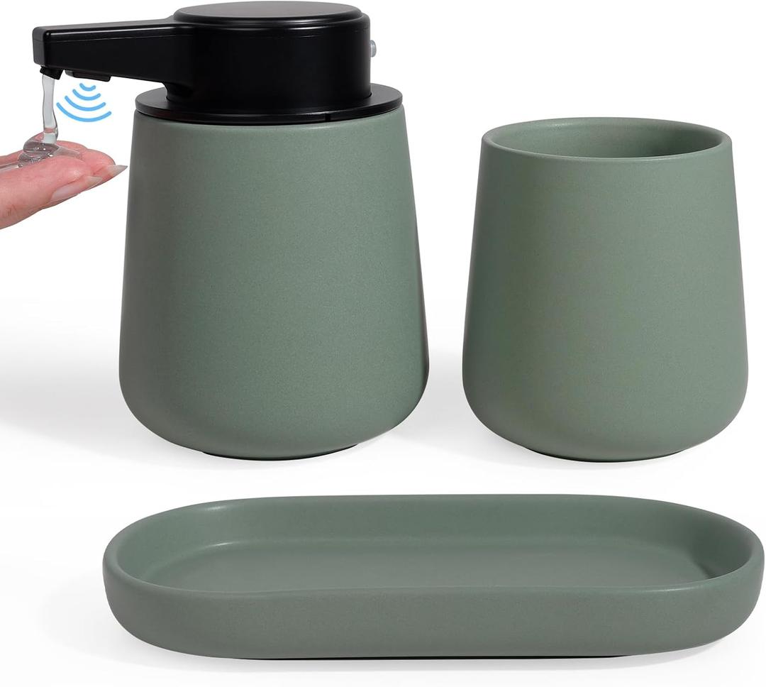 INGOFIN Automatic Ceramic Bathroom Accessory Set - 3 Pcs Auto Liquid Soap Dispenser Touchless, Toothbrush Holder & Tray, Smart Electric Bathroom Counter Set for Home, Guest Room, or Office, Green