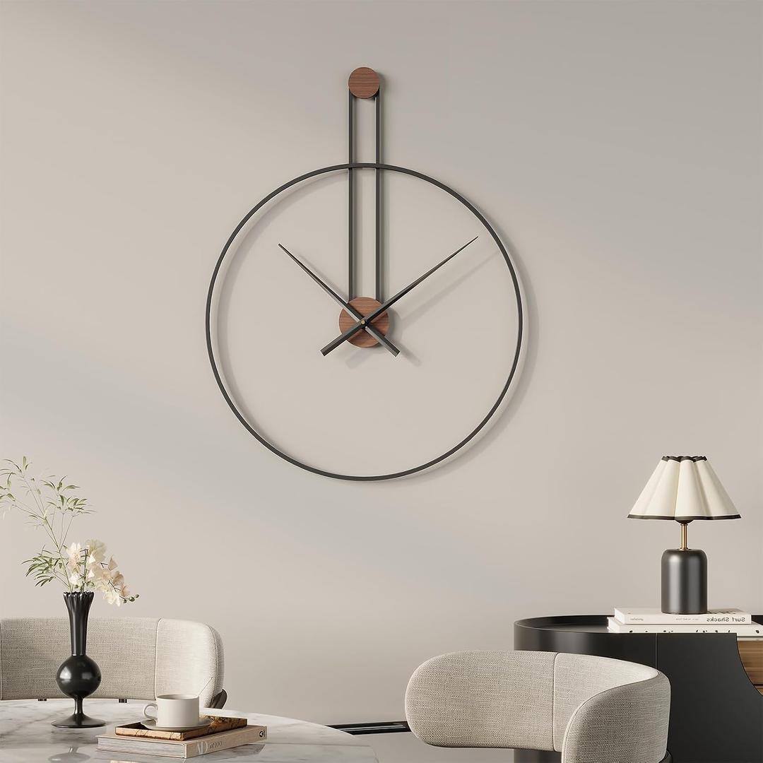 Cuspin 16 inch Wall Clock, Silent Non-Ticking Battery Operated Modern Clocks for Living Room, Black Metal Frame with Wood Accent, Minimalist No Numbers Wall Decor for Bedroom Dining Room Office
