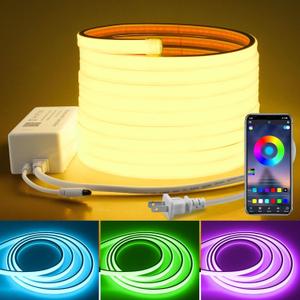 16.4FT 110V RGB COB LED Strip Light with Remote Smart Waterproof Outdoor RGB COB Neon Rope Light 576LEDs/M Color Changing Dimmable LED Light Strip AC 110V~130V for Bedroom Home Commercial Lighting