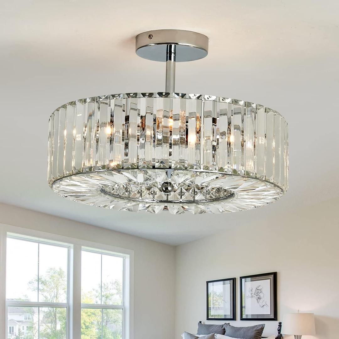 4 Lights Modern Crystal Chandelier Chrome Round Semi Flush Mount Ceiling Light Fixture Farmhouse Chandelier for Dinning Room Living Room Bedroom Hallway Entryway Kitchen, 14.96 x 10.23 inches