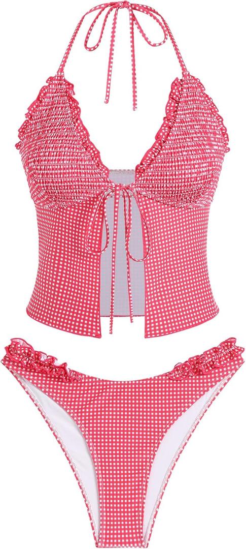 ZAFUL Tankini Swimsuits for Women Smocked Ruffles Tie Front Bowknot Textured High Cut Tanga Tankini Set (Medium) ZAFUL Tankini Swimsuits for Women Smocked Ruffles Tie Front Bowknot Textured High Cut Tanga Tankini Set (Medium)