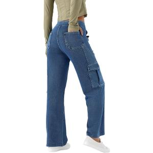 Pull On Elastic Waist Cargo Jeans for Women - Mid Rise Wide Leg Comfort Fit Stretchy Soft Denim Pants, Size 14