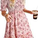 Dokotoo Womens Casual Summer Dresses Short Sleeve Square Neck Smocked Boho Floral Sundress Flowy A-Line Mini Dress (Medium, Pink)