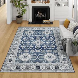 VK VK·LIVING Machine Washable Rug 8'x10' Vintage Design Washable Area Rugs with Non Slip Rugs for Living Room Bedroom Traditional Woven Rug Carpet Stain Resistant Home Decor Office Boho Rug (Navy)