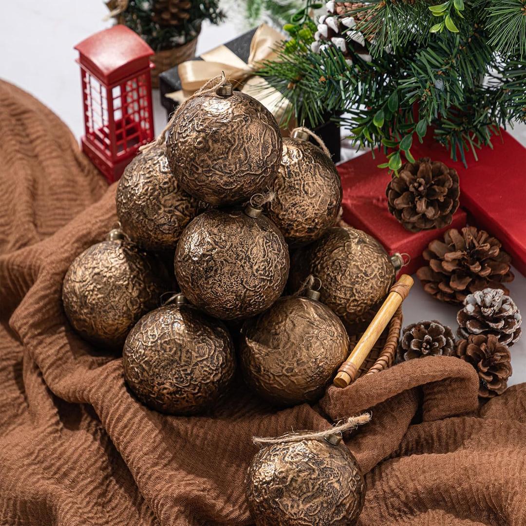 24 Pcs Farmhouse Christmas Ball Ornaments 3.15'' Vintage Antique Gold Christmas Tree Decor Rustic Distressed Neutral Ornaments with Loop Shatterproof Hanging Ball for Farmhouse Xmas Decor