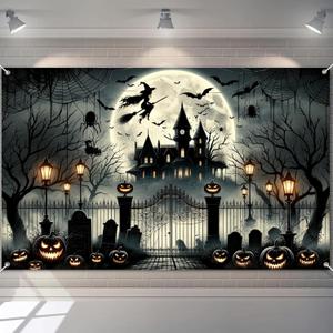 Halloween Witch Banner 71x43 Inch Backdrop with Haunted House, Bats, Pumpkins, Spider Webs, and Creepy Graveyard for Halloween Party Decorations Banner