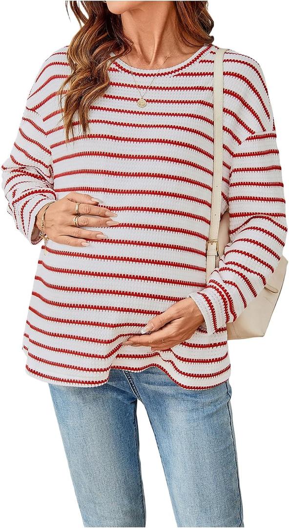 RoseSeek Women's Long Sleeve Crew Neck Maternity Sweatshirt Pullover Tops | Long Sleeve, Striped Print, Crewneck, Fall Outfits for Women (White, M)