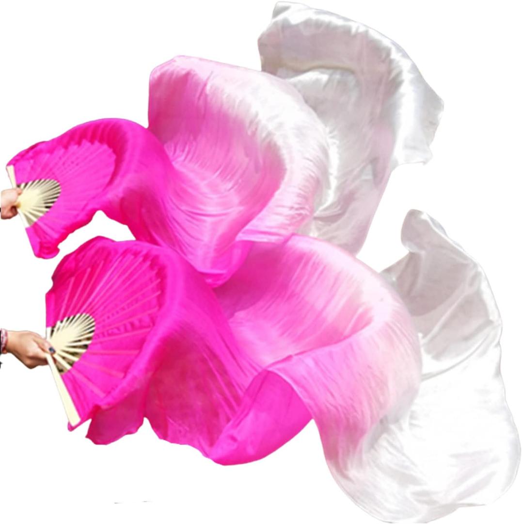 Belly Dance Faux Silk Veil Fans, 1 Pair (Left+Right) Faux Silk Bamboo Long Fans Veils, Handmade Belly Dance Dancing Silk Fans, Dance Performance