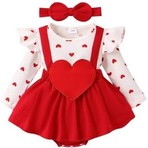 Valentine Baby Girl Outfit Heart Print Ribbed Long Sleeve Newborn Valentines day Romper Dress Headband Set 3-6M