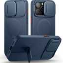 SURITCH for iPhone 15 Pro Max Case with Magnetic Camera Slide Cover and Adjustable Kickstand, Compatible with MagSafe, Shockproof Bumper Case Slim Protective Cover 6.7 Inch, Blue