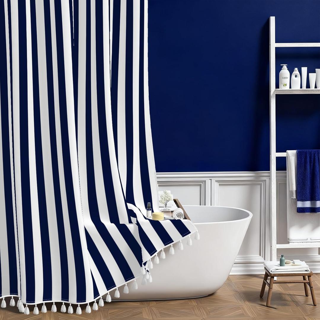 AOFOTO Navy Blue and White Stripe Shower Curtain Farmhouse Style Striped Line Bathroom Curtains Waterproof Fabric Machine Washable with 8 Hooks Modern Fashion Simple Bathroom Curtain 47x70 Inch