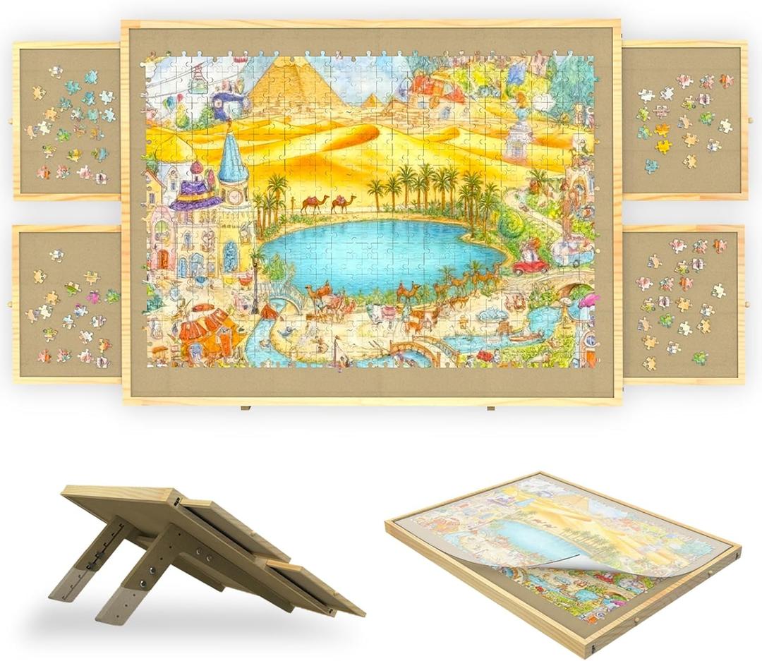Jigsaw Puzzle Board with Drawers and Cover, Tilting Puzzle Board 1500 Pieces with 5 Adjustable Angles, Portable Puzzle Board for Adults