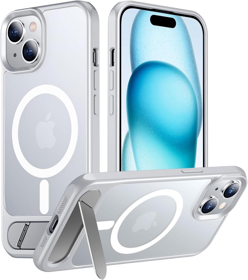 Temdan Magnetic Compatible with iPhone 15 Case, [Built-in Invisible Kickstand][Compatible with MagSafe] [Military Grade Shockproof] Slim Translucent Matte Phone Case for iPhone 15 6.1" (Silver)