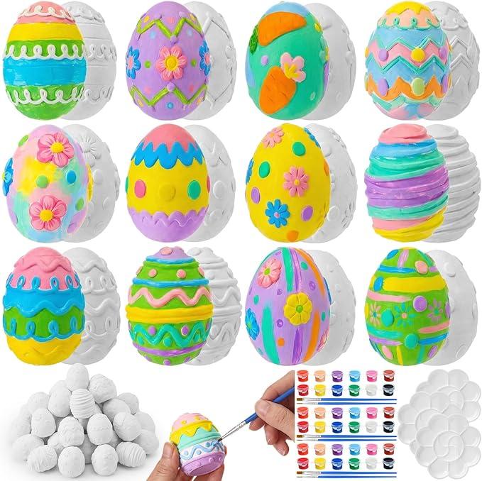 Zubebe 36 Pcs Easter Eggs DIY Kit with 12 Colors Paint Brush and Palette 3D Ready to Paint Your Own Easter Craft Statues Ceramic Egg for Basket Stuffers Spring Party Decorations (12 Designs)