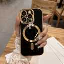 OOK Magnatic Case for iPhone 15 Pro Max Case [Compatible with MagSafe] Full Camera Lens Protector Gold Electroplate Edge Soft TPU Shockproof Protective Phone Case for Women Men 6.7 Inch - Black