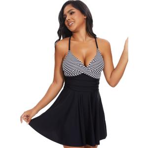 SHAPERIN Women One Piece Skirted Swimsuit Tummy Control Bathing Suits Swimdress Swim Dress Monokini Swimwear (Medium, Striped)