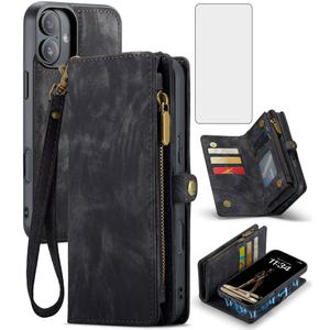 Asuwish Phone Case for iPhone 16 6.1 inch Zipper Wallet Magnetic Detachable Cover with Tempered Glass Screen Protector and PU Leather Flip Credit Card Holder Cell i Phone16 i16 16Case Women Men Blue