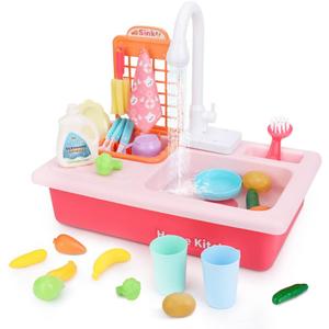 BOBXIN Play Sink with Running Water, Kids Pretend Play Kitchen Toy Sink for Toddler, Role Play Electric Dishwasher Kitchen Water Toys Set with Upgraded Working Faucet and Dishes Playset for Girl Boy (Pink)