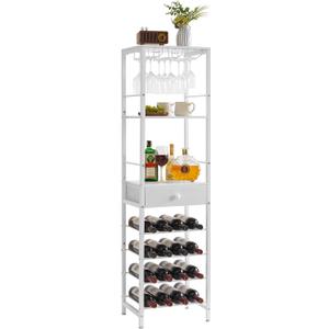 IBUYKE Wine Rack Freestanding Floor, Bar Cabinet for Liquor and Glasses,Coffee Bar Cabinet 4-Tier Wood bar Cabinet,Glass Holder and Storage Drawer for Home Bar Kitchen Living Room,White UTMJ905W