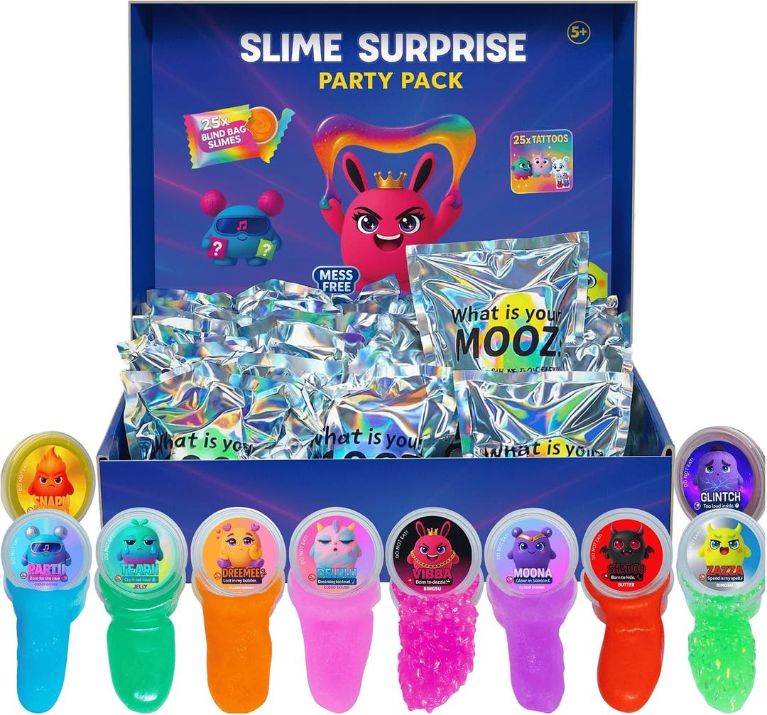 Mini Slime Party Favors for Kids -25 Blind Bag –Cloud/Butter/Crunchy/Galaxy Slime with Fake Tattoos, Sensory Toys for Girls & Boys, Xmas Gifts, Goodie Bag Stuffers, Birthday Party, Classroom Prizes