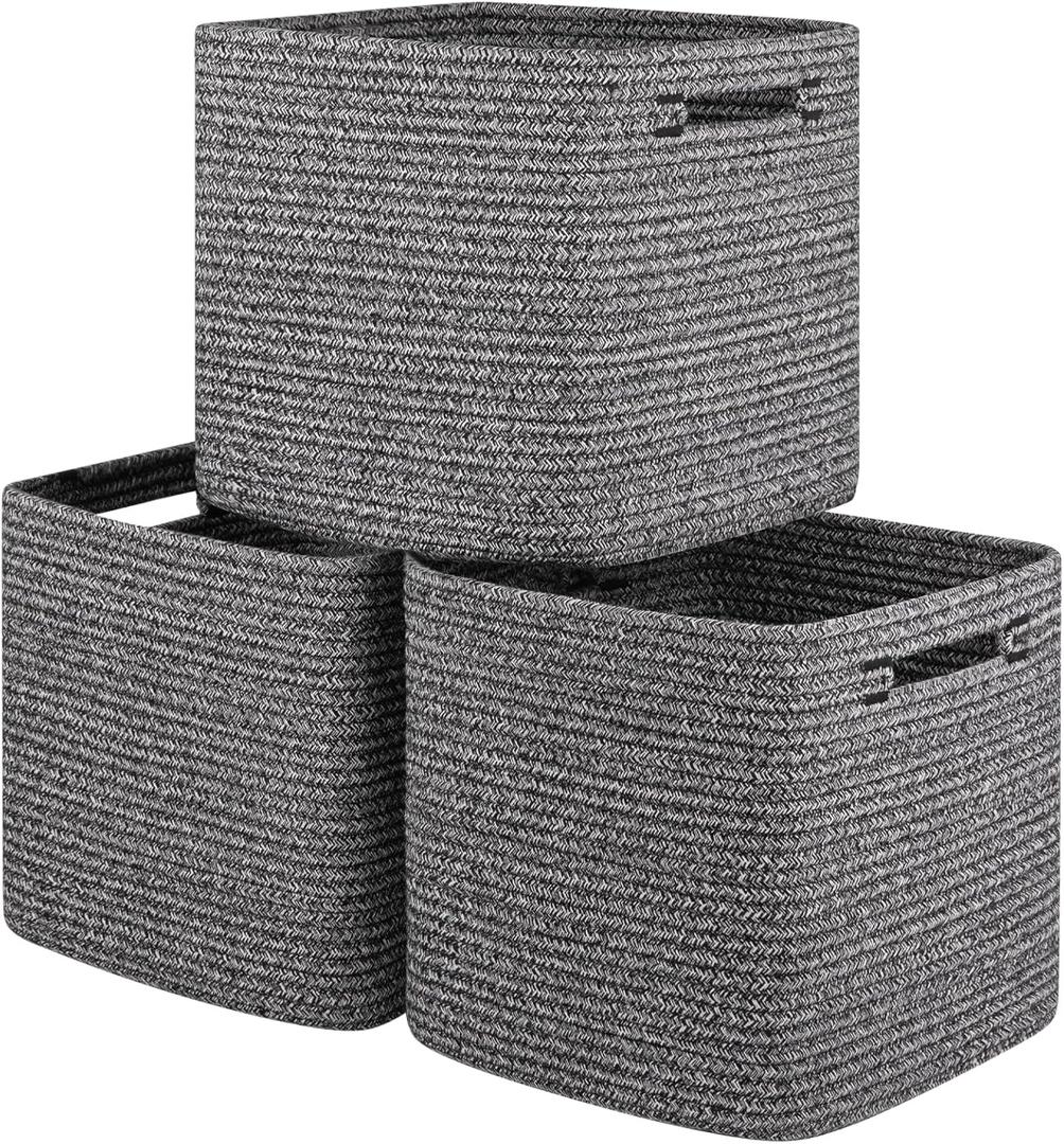 Storage Cube 3 Pack, Woven Rope Storage Baskets for Organizing, 11*11 Inches Shelf Basket|Cube Storage Bin|Square Baskets for Living Room, Baby Nursery Room-Black