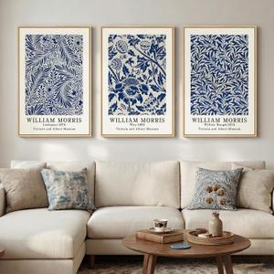 Large Framed William Morris Blue Canvas Wall Art for Living Room, 3 Piece, 24"W x 36" H x 3Pcs, Blue