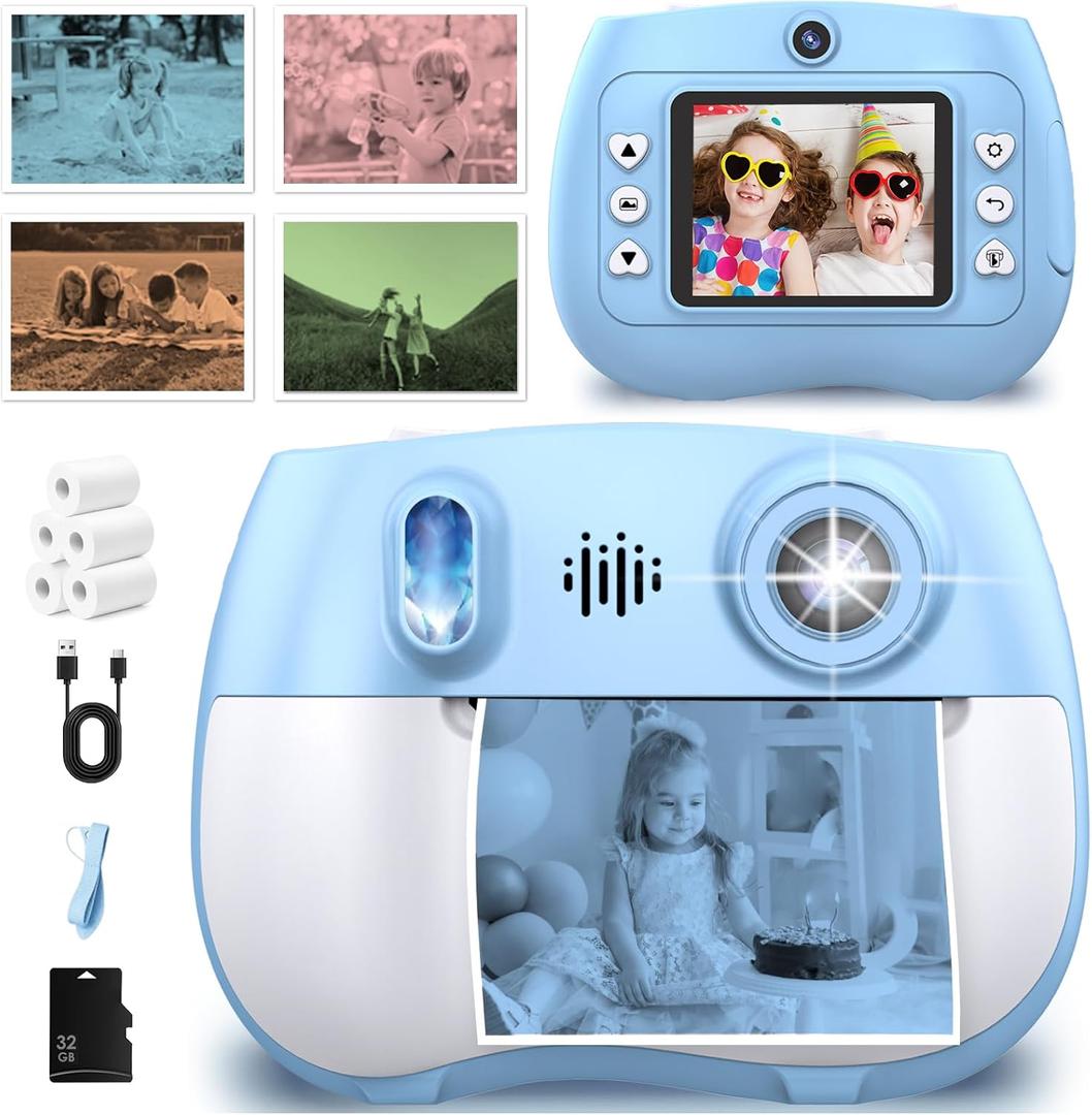 Kids Camera Instant Print 1080P Front Rear Dual Selfie - Kids Digital Camera with Video Games, 32GB & 5-Color Print Paper/ 250 Photos,Easy to Use & Great Toys Gifts for Boys Girls, Ages 3-12 (Blue)