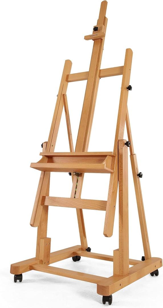VISWIN Heavy-Duty H Frame Easel, Hold Canvas to 82", Tilts Flat, Adjustable Beech Wood Large Easel for Painting with Storage & 4 Wheels, Professional Floor Art Easel Stand for Adults, Artists (Natural)