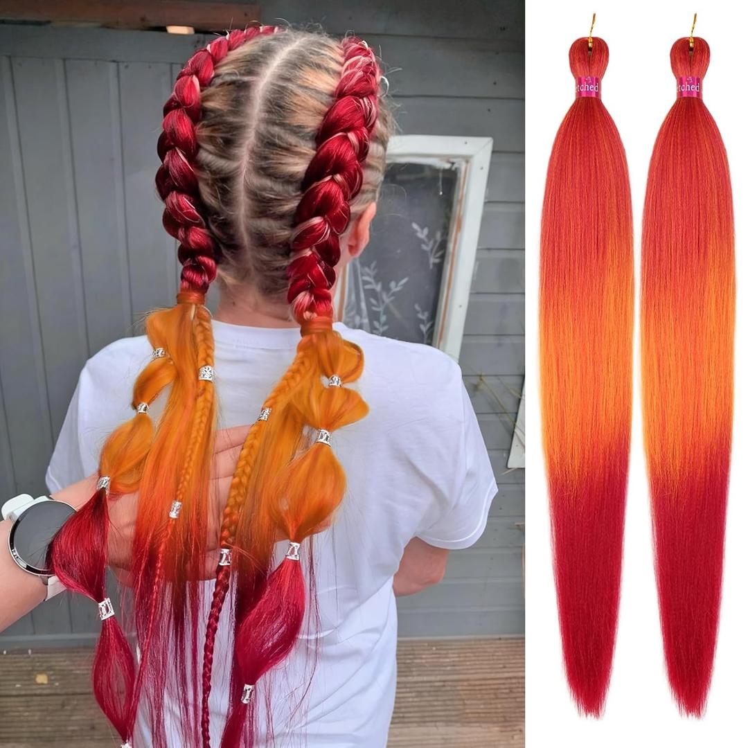 Ombre Rose-Orange Braiding Hair Extension, 28 Inches Pre Stretched Braiding Hair for hair Braids,2 Packs Yaki Texture Synthetic Braid Hair
