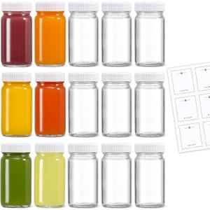 LANDNEOO 15 Pack 2 oz Glass Shot Bottles w/White Lids & 15 Labels - Small Clear Jar for Ginger, Wellness Shot, Juice, Sample, Whiskey - Travel Mini Bottles - Wide Mouth, Leakproof, Dishwasher Safe