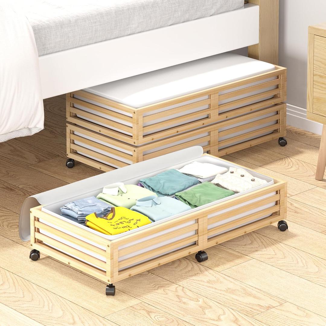 Bamboo Under Bed Storage Containers- Underbed Organizer with Wheels with Large Capacity Dust Bag,Sturdy Wood Rolling Under Bed Shoe Storage Organizer 2 Packs (Nature, 2 Packs (33.07"16.54"))