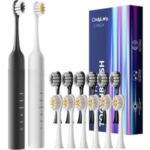 2 Pack Electric Toothbrush for Adults and Kids - Rechargeable Kids Ages 12+ and Adults with 12 Brush Heads & 2 Electric Toothbrush, 90 Days Battery Life - Black and White