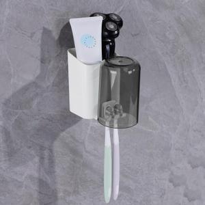 Wall-Mounted Toothbrush Holder with Rinse Cup, Durable Plastic Toothpaste Holder with Storage Slot, Space-Saving Bathroom Organizer Holds 2 Toothbrushes, Waterproof and Easy to Install (White)