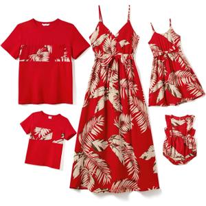 PATPAT Family Matching Outfits Mommy and Me Dresses Hawaiian Tropical Vacation Beach Spaghetti Strap Dress and Shirt (X-Large, Ruby Red)