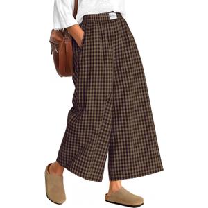 Neer Women's Plaid Gingham Skirt Pants Flowy Oversized Wide Leg Culottes Elastic Waist Palazzo Casual Trousers with Pockets XXL