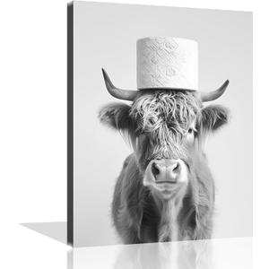 Cow Bathroom Canvas Wall Art Highland Cow Bathroom Decor Funny Animal Toilet Wall Art Black and White Animal Toilet Paper Pictures for Bath Restroom Wall Decor Framed 12X16 inch (16L" x 12W")