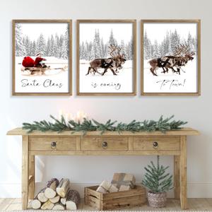 Set of 3 Framed Christmas Wall Art Farmhouse Santa Claus Is Coming To Town Wall Decor Vintage Holiday Home Decor (Brown, 16x24)