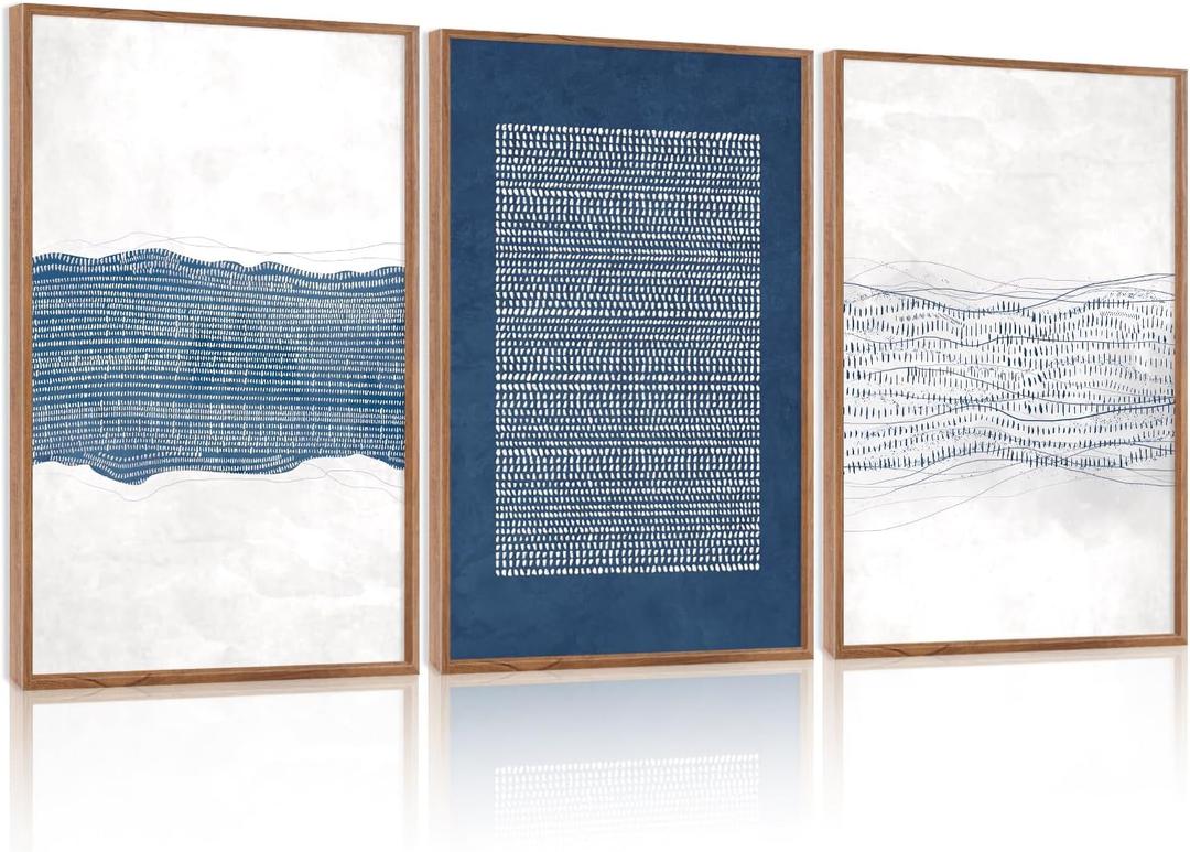 Aryroi Large Framed Abstract Canvas Wall Art 16x24 Inch Navy Blue Neutral Textured Wall Decor Mid Century Modern Minimalist Art Prints for Living Room Bedroom Office Set of 3 (16*24 Inch, navy blue dot)