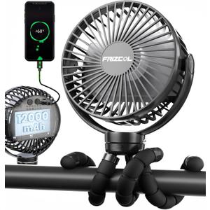 FRIZCOL Portable Stroller Fan, Use As Power Bank, 65H 12000mAh Battery Operated Fan Flexible Tripod Baby Car Seat Fans with Timming, Personal Mini Handheld/Desk/Small Clip On Fans For Stroller (Black)