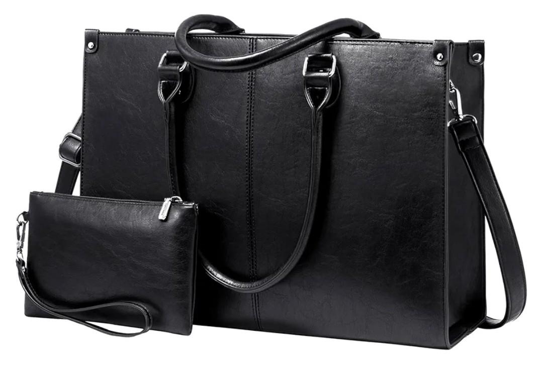 LOVEVOOK Laptop Tote Bag for Women, 17.3 Inch Large Capacity Vintage Leather Work Computer Bag, Business Casual Shoulder Handbag, Black
