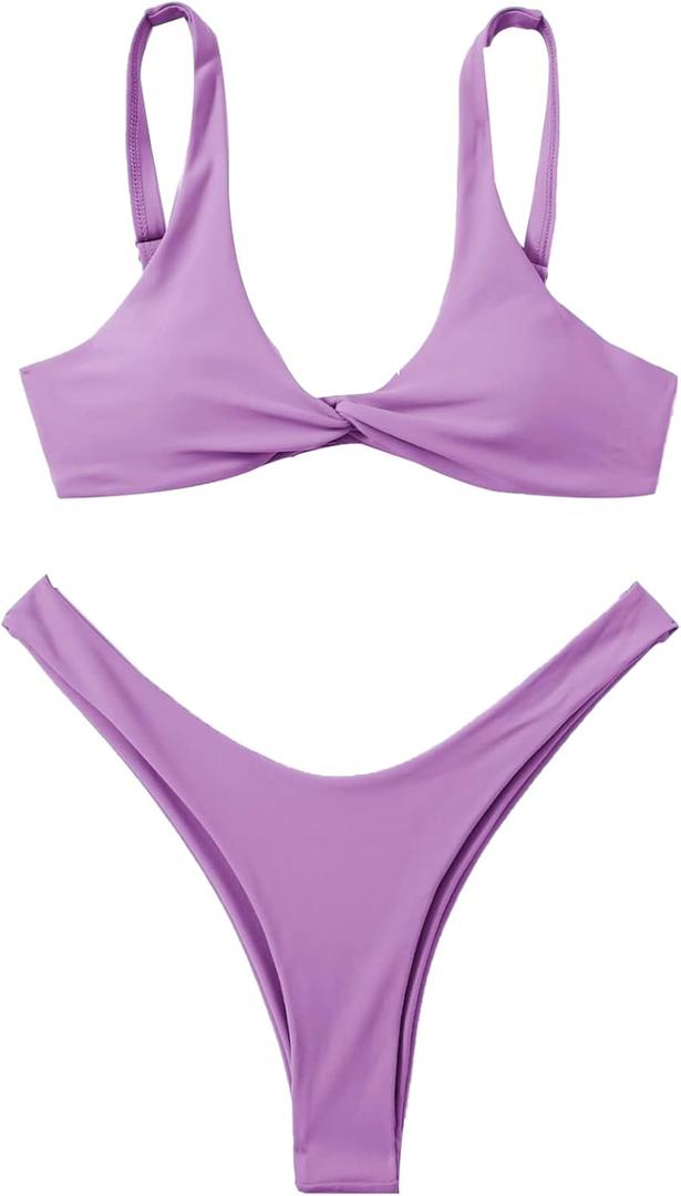 Bikini Set for Women Solid V Neck Knot Front Push Up High Leg Thong Two Piece Swimsuit Size Medium