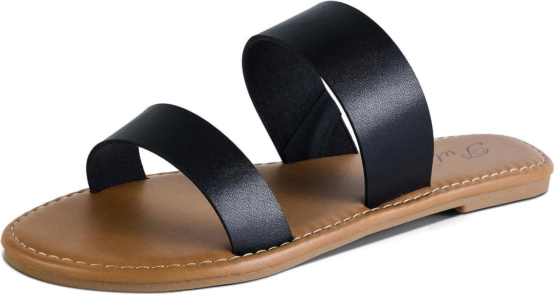 Putu Women's Two Strap Flat Sandals Casual Slide Sandals for Wide Feet (7, Black)