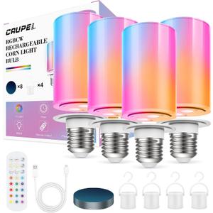10000mAh Rechargeable Led Corn Light Bulb,Battery Operated Light Bulb with Remote Control, E26, 60W Equivalent, 800Lum, 3 Color Temperatures, 12 RGB, Emergency Lamp, 4PC