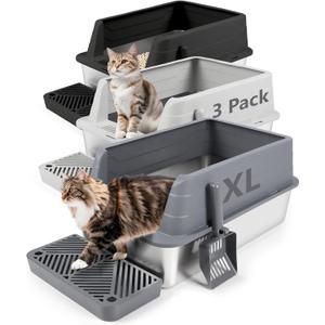 3 Pack Stainless Steel Litter Box, XL 22.9 x 15 x 10.3 High Sided Metal Cat Litter Tray with Scoop, Filter Pedal for Anti-Splash, Non-Sticky, Easy to Clean (Dark Grey&Light Grey&Black)