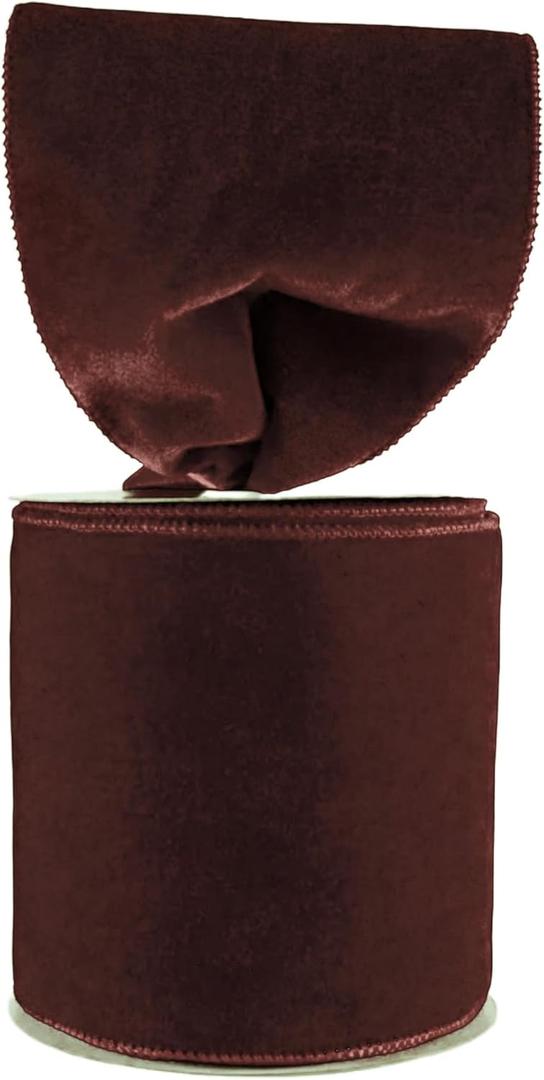 Velvet Wired Edge Ribbon, 4 Inch Width, Christmas Gift Wrapping Ribbon, Waterproof for Wreath DIY Crafts (Brown, 20 Yards)