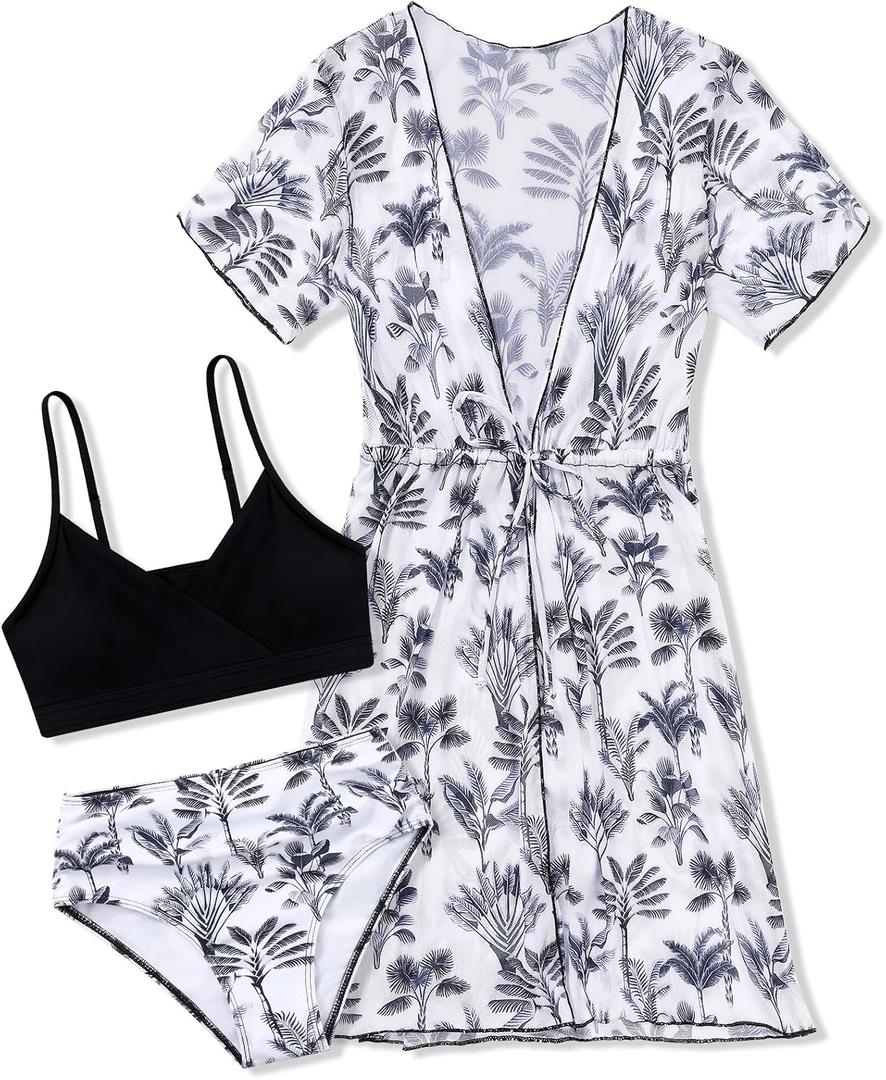 Ochine Girls Swimsuit 3 Piece Tropical Print Bikini Set Teens Bathing Suit with Drawstring Quick Dry Cover Up 9-16Y