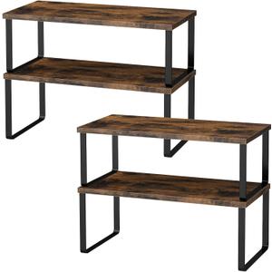 OGEMXU Cabinet Shelf Organizers, 15.7 inches Large Kitchen Counter Shelf, Set of 4 Wood Kitchen Pantry Organizer, Storage Shelves for Countertop, Spice Rack, Stackable, Expandable, Metal Black, Brown